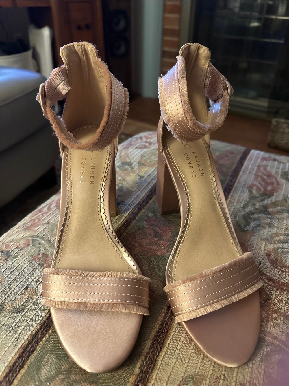 LC Lauren Conrad Blush Satin Fringe Block Heels 8.5